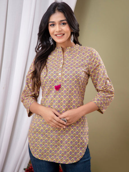 Casual Floral High Neck Cotton Top
