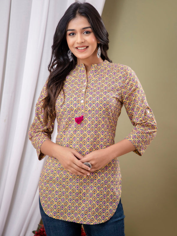 Casual Floral High Neck Cotton Top