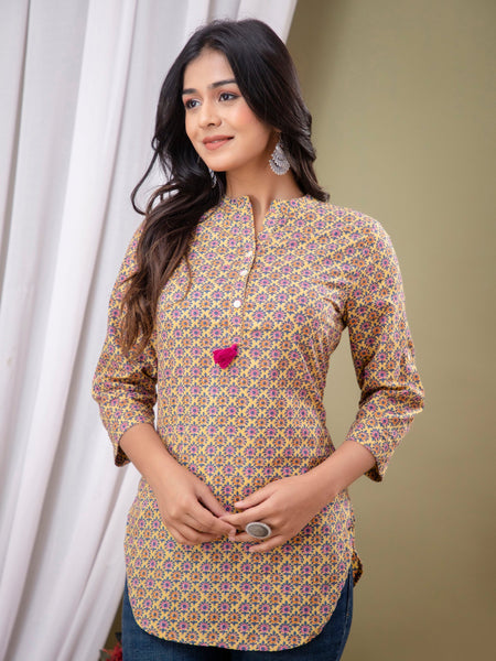 Casual Floral High Neck Cotton Top