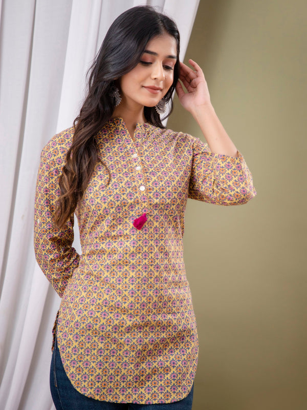 Casual Floral High Neck Cotton Top