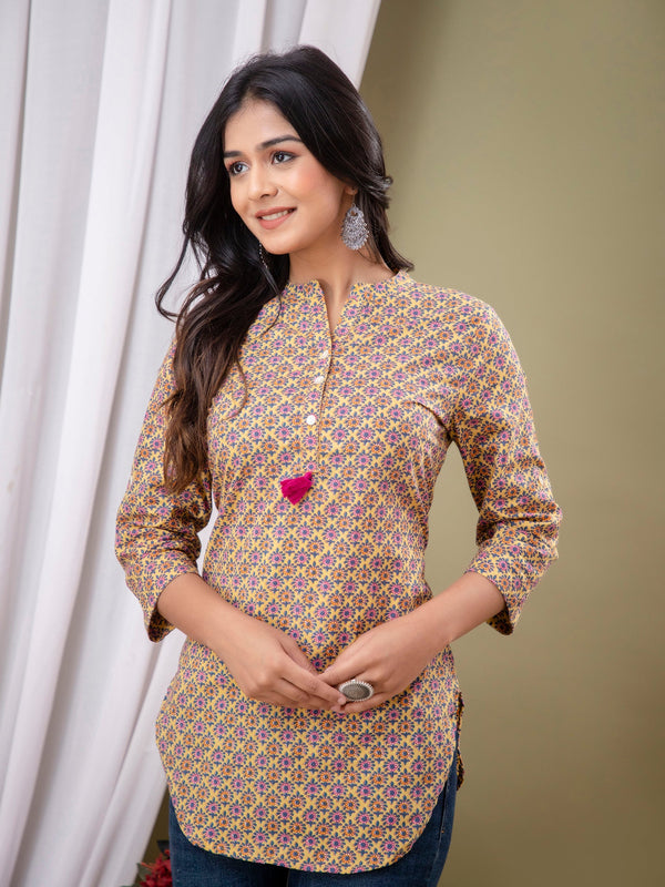 Casual Floral High Neck Cotton Top