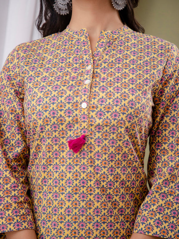 Casual Floral High Neck Cotton Top