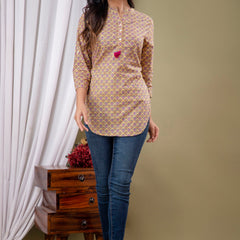 Casual Floral High Neck Cotton Top