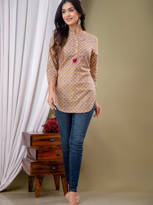Casual Floral High Neck Cotton Top