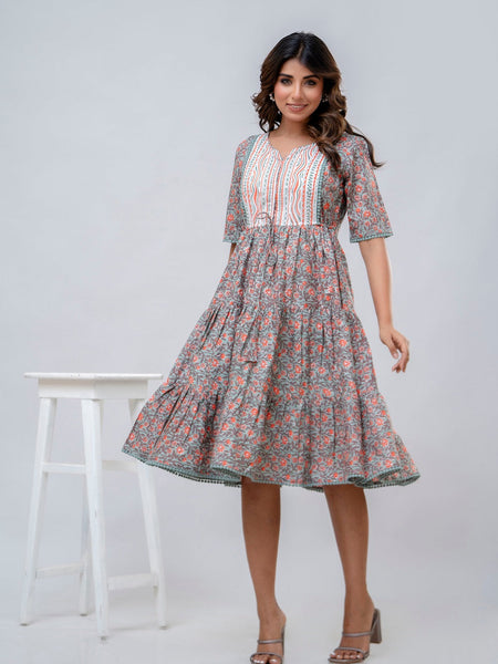 Printed V-Neck Pure Cotton Fit & Flare Dress