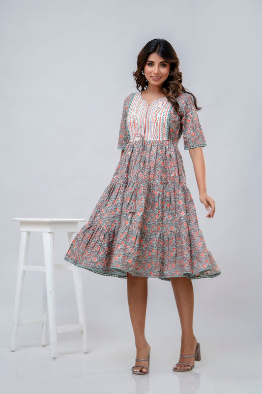 Printed V-Neck Pure Cotton Fit & Flare Dress