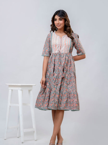 Printed V-Neck Pure Cotton Fit & Flare Dress