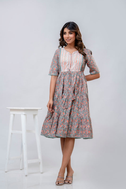 Printed V-Neck Pure Cotton Fit & Flare Dress