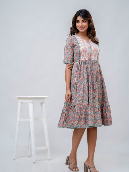 Printed V-Neck Pure Cotton Fit & Flare Dress