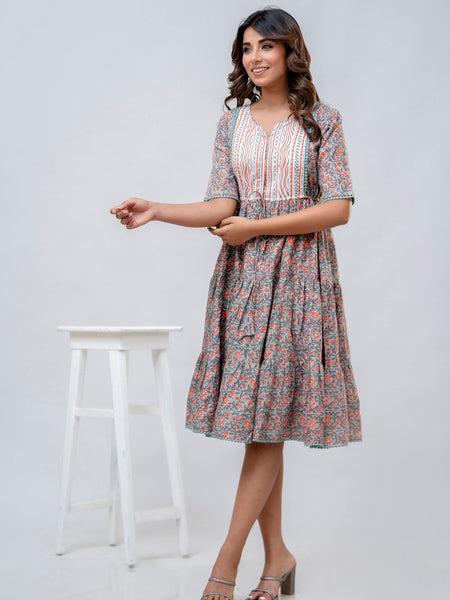 Printed V-Neck Pure Cotton Fit & Flare Dress