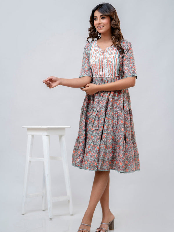 Printed V-Neck Pure Cotton Fit & Flare Dress