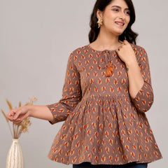 Brown Floral Print Tie-Up Neck Bell Sleeve Cotton Empire Top