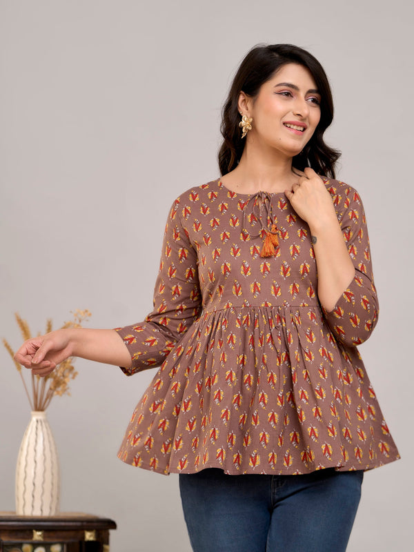 Brown Floral Print Tie-Up Neck Bell Sleeve Cotton Empire Top