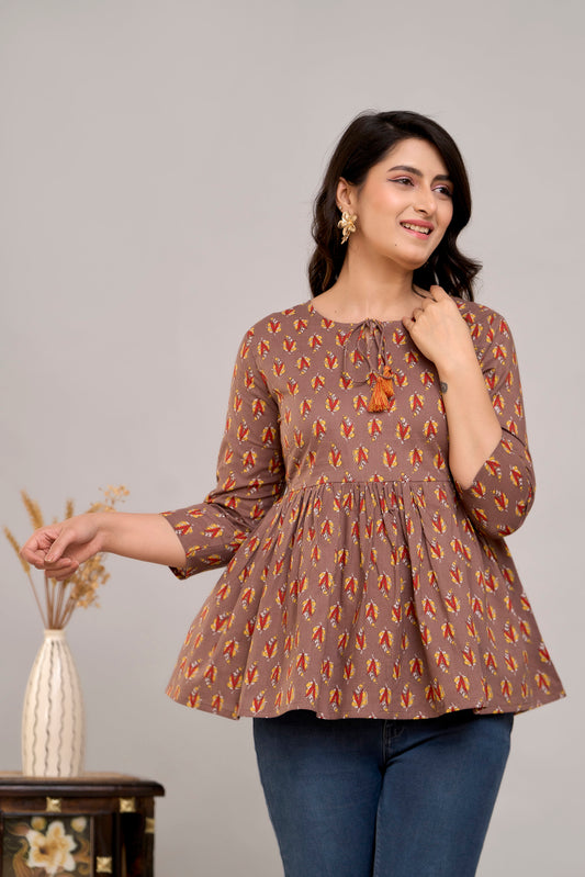 Brown Floral Print Tie-Up Neck Bell Sleeve Cotton Empire Top