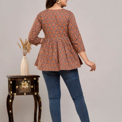 Brown Floral Print Tie-Up Neck Bell Sleeve Cotton Empire Top