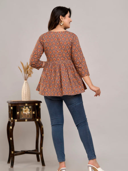 Brown Floral Print Tie-Up Neck Bell Sleeve Cotton Empire Top