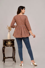 Brown Floral Print Tie-Up Neck Bell Sleeve Cotton Empire Top