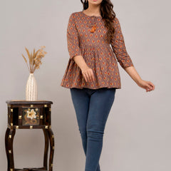 Brown Floral Print Tie-Up Neck Bell Sleeve Cotton Empire Top