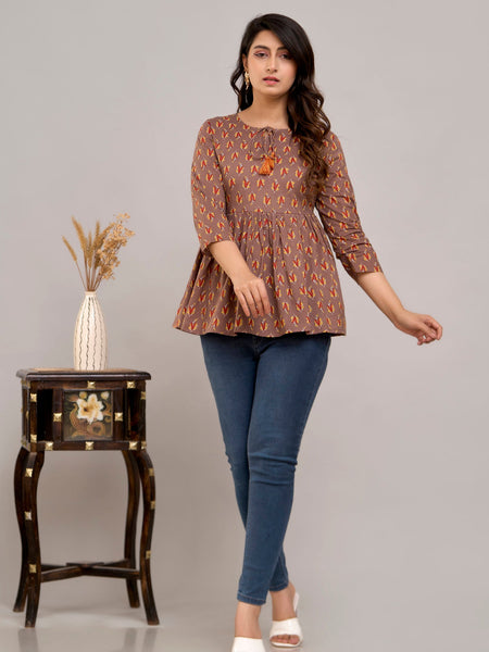 Brown Floral Print Tie-Up Neck Bell Sleeve Cotton Empire Top