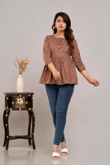 Brown Floral Print Tie-Up Neck Bell Sleeve Cotton Empire Top