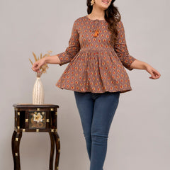 Brown Floral Print Tie-Up Neck Bell Sleeve Cotton Empire Top