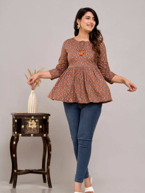 Brown Floral Print Tie-Up Neck Bell Sleeve Cotton Empire Top