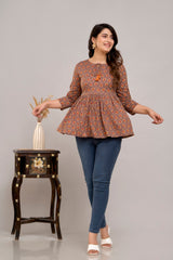 Brown Floral Print Tie-Up Neck Bell Sleeve Cotton Empire Top