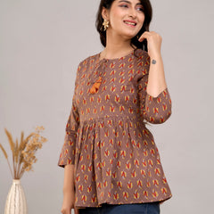 Brown Floral Print Tie-Up Neck Bell Sleeve Cotton Empire Top