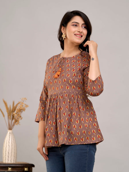 Brown Floral Print Tie-Up Neck Bell Sleeve Cotton Empire Top