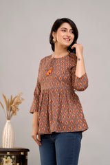 Brown Floral Print Tie-Up Neck Bell Sleeve Cotton Empire Top