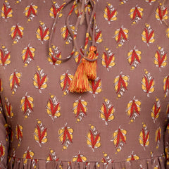 Brown Floral Print Tie-Up Neck Bell Sleeve Cotton Empire Top