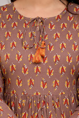 Brown Floral Print Tie-Up Neck Bell Sleeve Cotton Empire Top