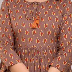 Brown Floral Print Tie-Up Neck Bell Sleeve Cotton Empire Top