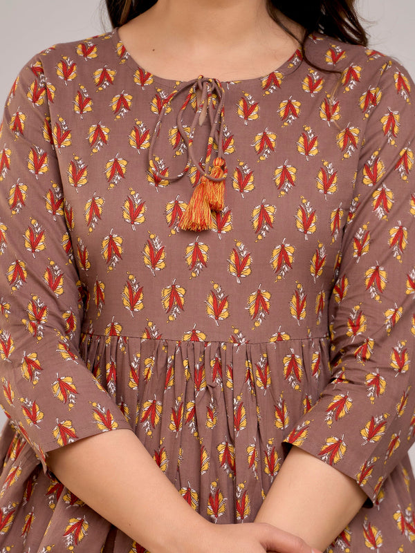 Brown Floral Print Tie-Up Neck Bell Sleeve Cotton Empire Top