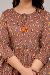 Brown Floral Print Tie-Up Neck Bell Sleeve Cotton Empire Top