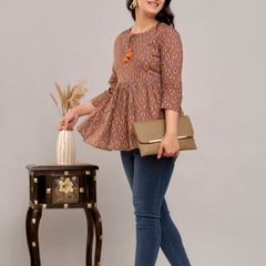 Brown Floral Print Tie-Up Neck Bell Sleeve Cotton Empire Top
