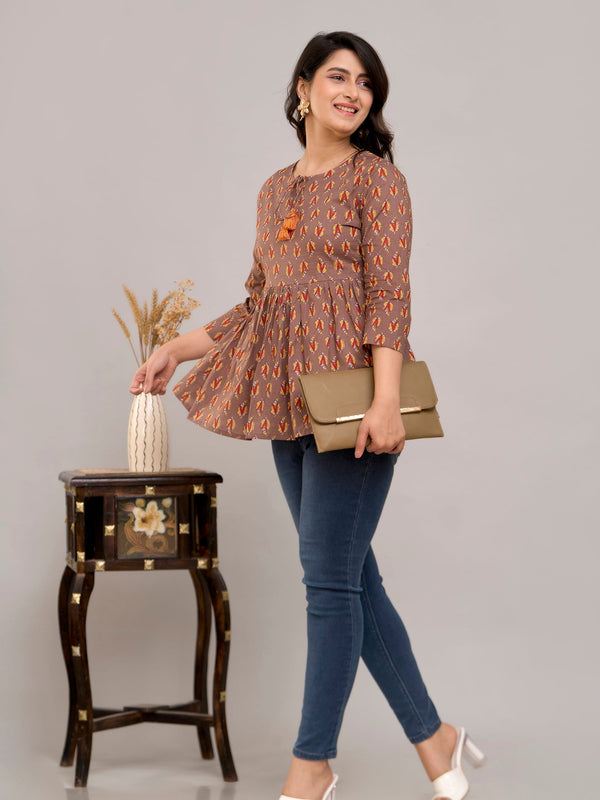 Brown Floral Print Tie-Up Neck Bell Sleeve Cotton Empire Top