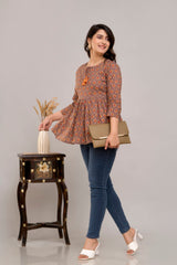 Brown Floral Print Tie-Up Neck Bell Sleeve Cotton Empire Top