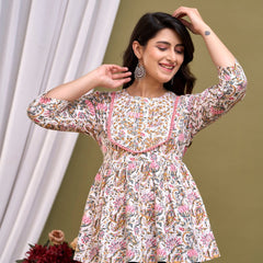 White Floral Print Peplum Top