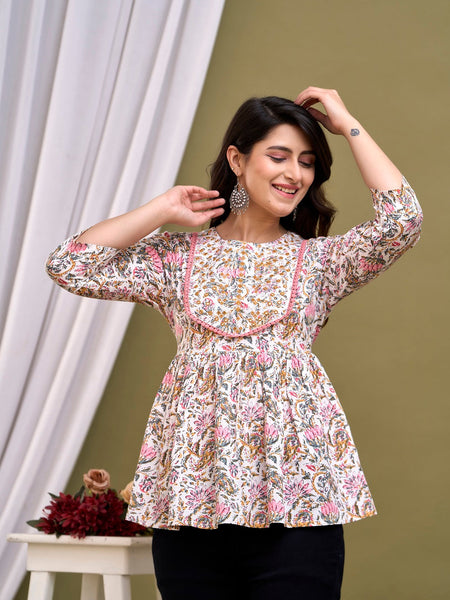 White Floral Print Peplum Top