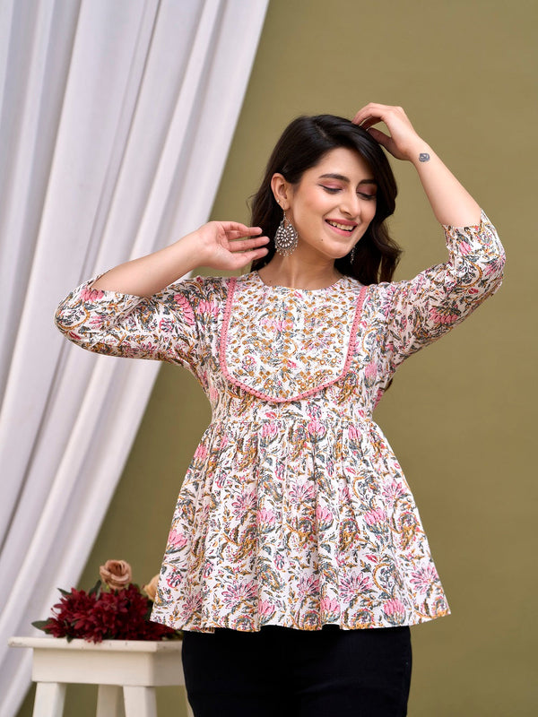 White Floral Print Peplum Top