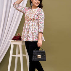 White Floral Print Peplum Top