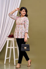 White Floral Print Peplum Top