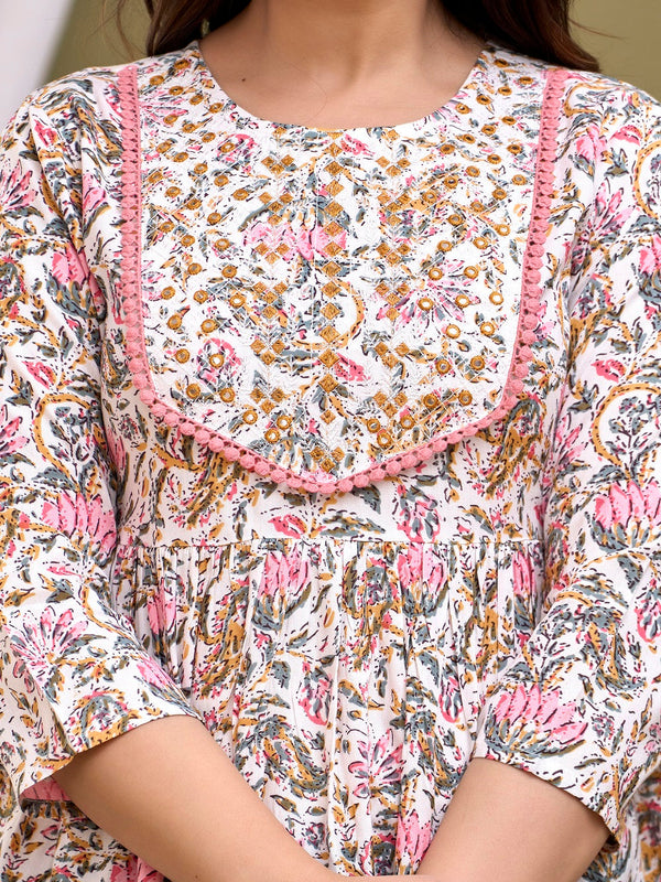 White Floral Print Peplum Top