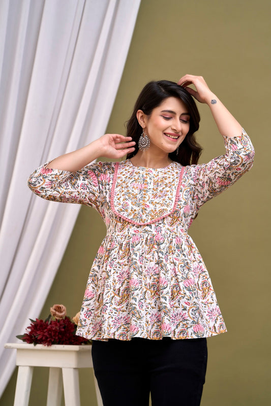 White Floral Print Peplum Top