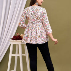 White Floral Print Peplum Top