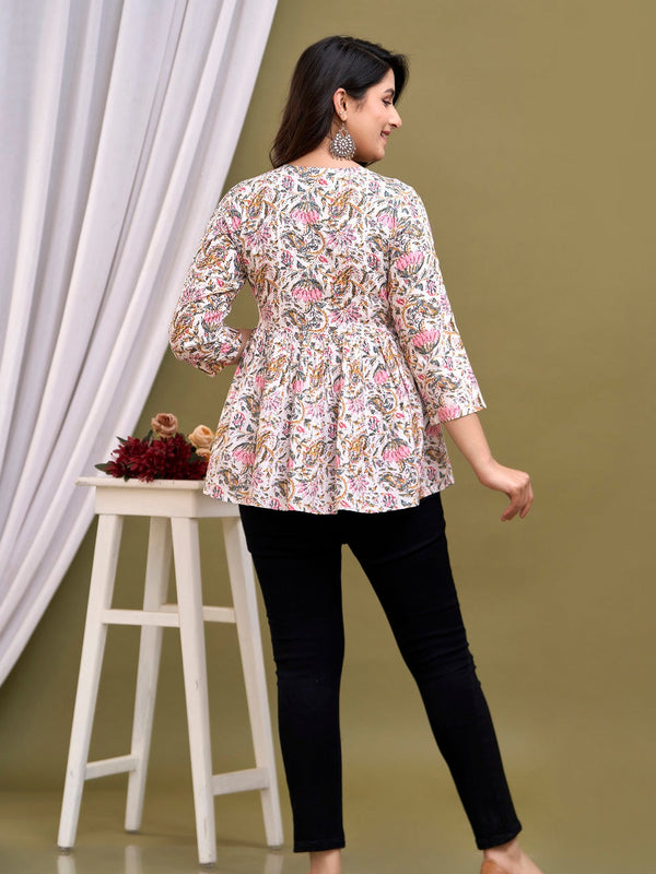 White Floral Print Peplum Top