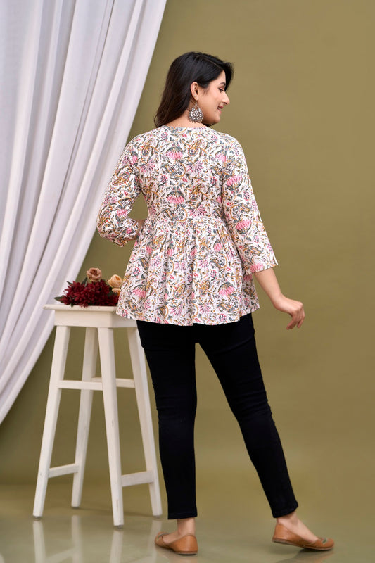 White Floral Print Peplum Top