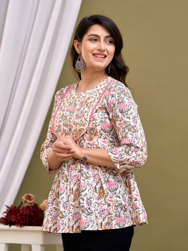 White Floral Print Peplum Top