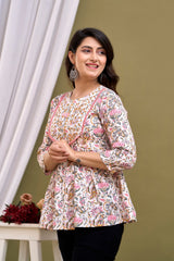 White Floral Print Peplum Top